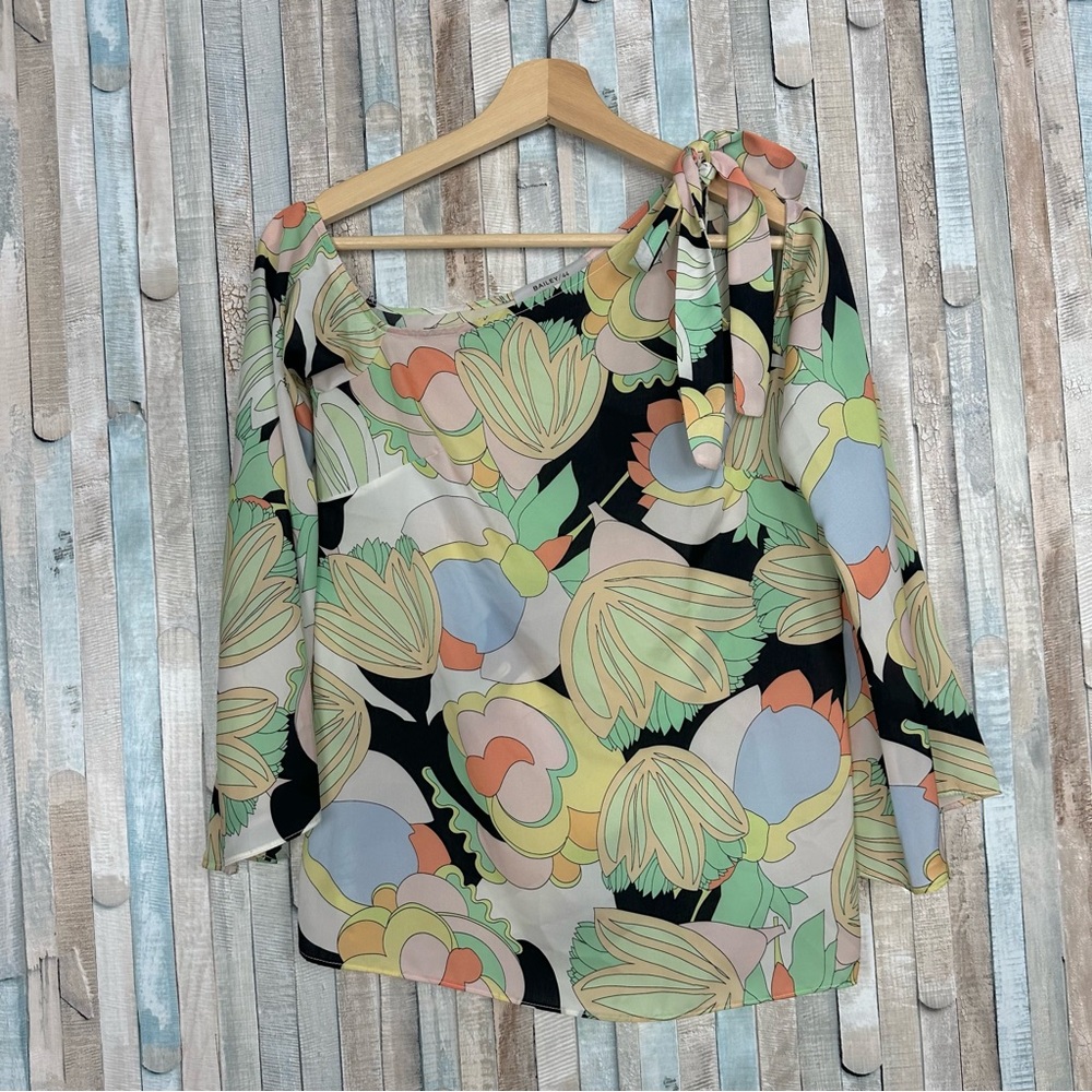 Bailey 44 XS Retro Mod Floral Top Blouse Asymmetric Cutout Tie Shoulder $168